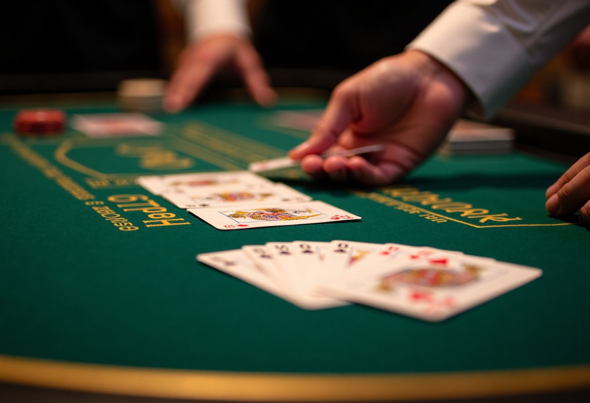 Blackjack semicircular table with cards and chips